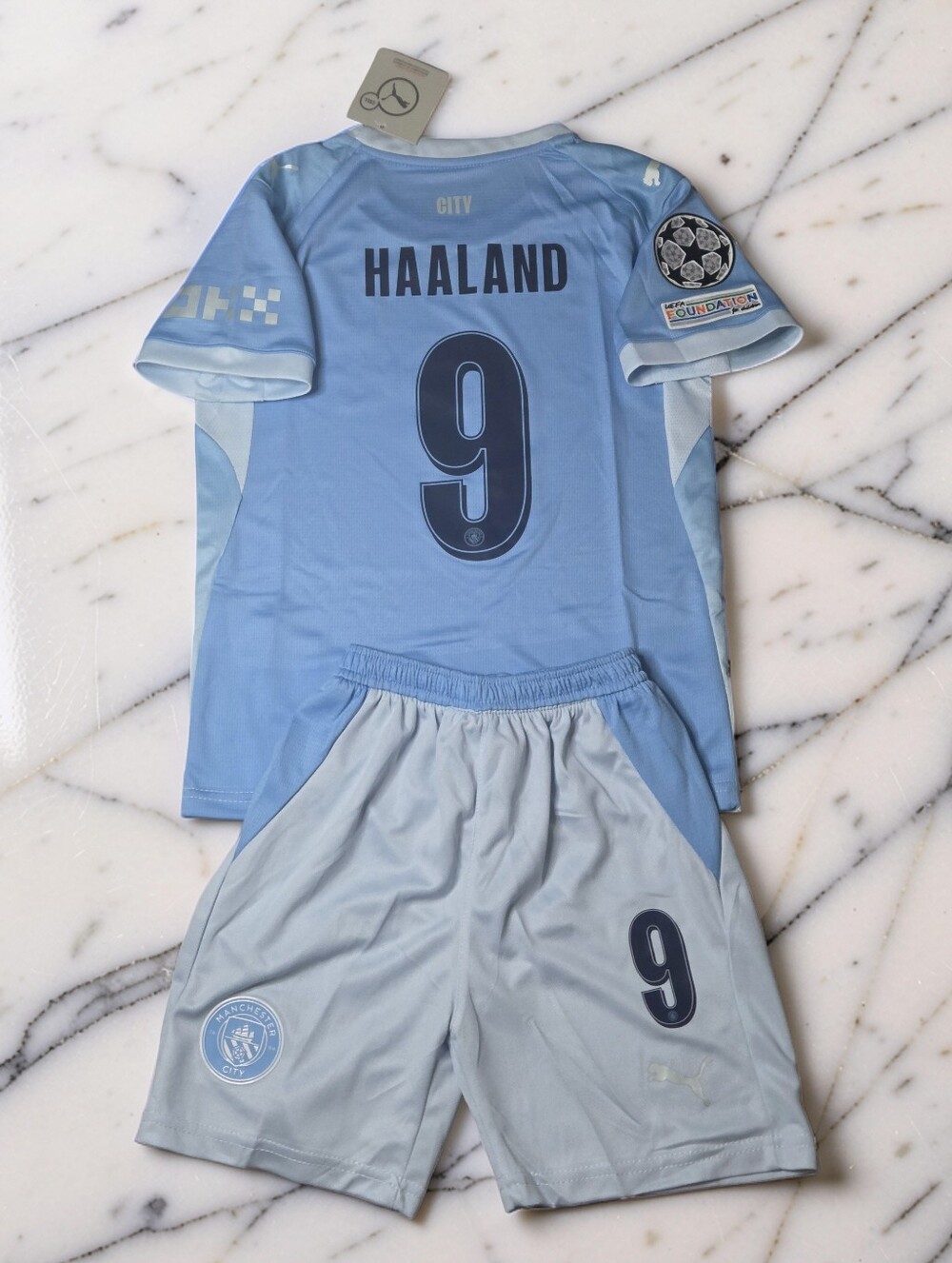 Erling Haaland #9 Manchester City Kids Soccer Jersey Shorts Set Blue